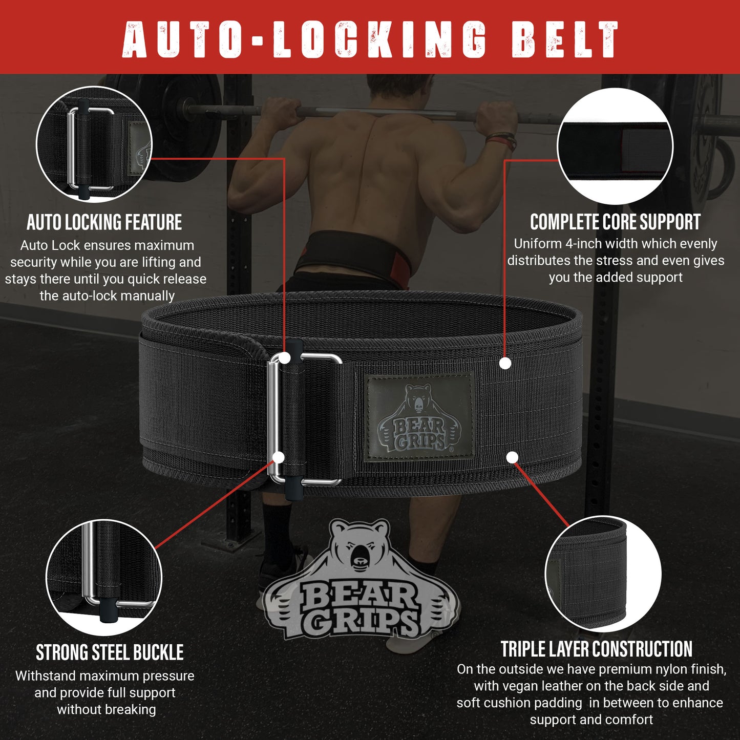 3 Layer Weight Lifting Belt - Auto Locking Gym Belt for Men and Women