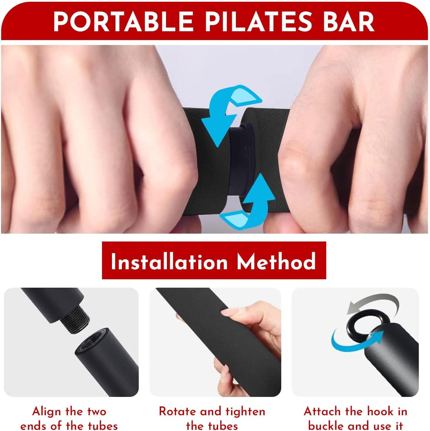 Portable 3 Piece Bar for Resistance Bands - Pilates - Home Gym - Carrying Case Included