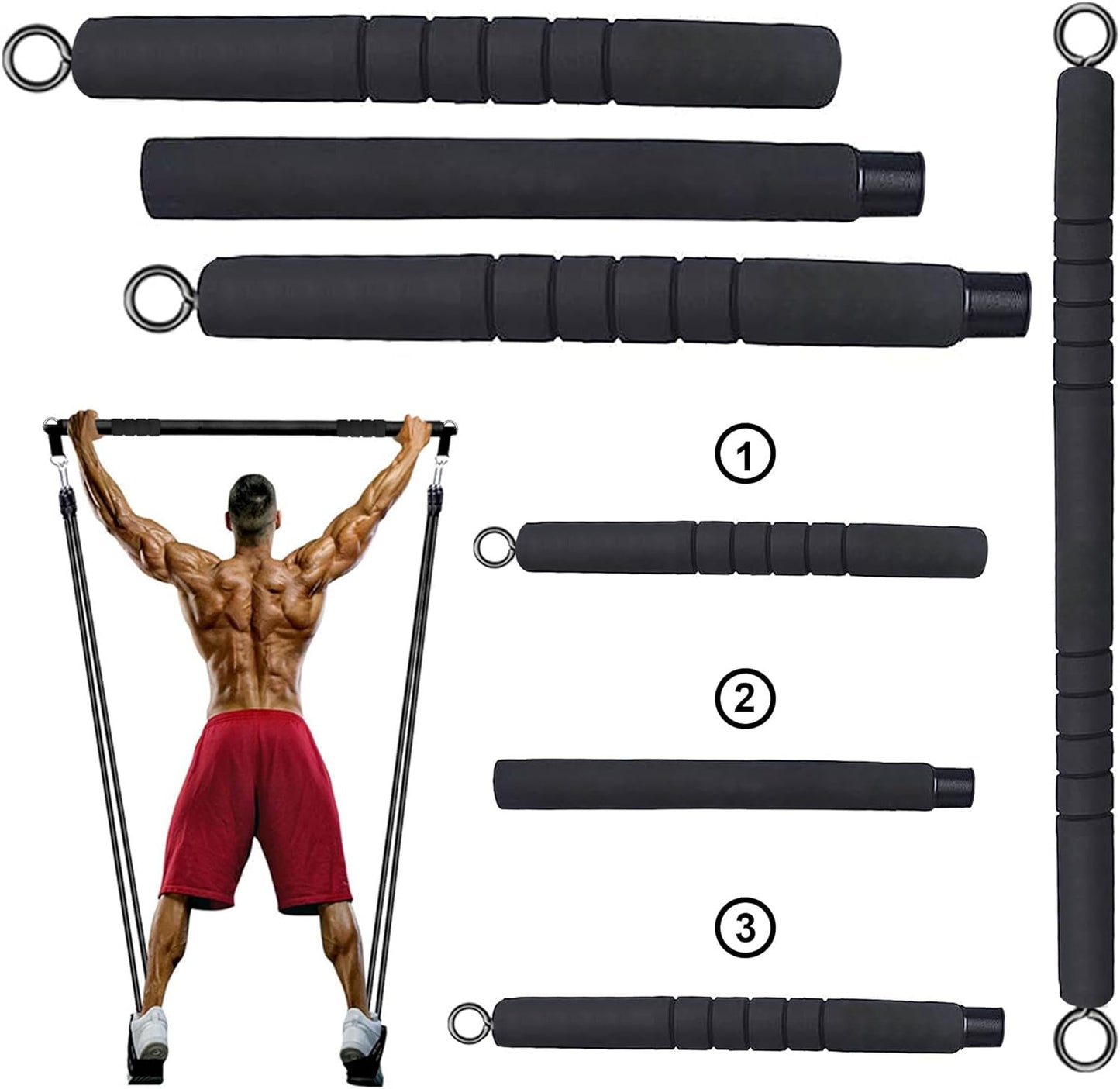 Portable 3 Piece Bar for Resistance Bands - Pilates - Home Gym - Carrying Case Included