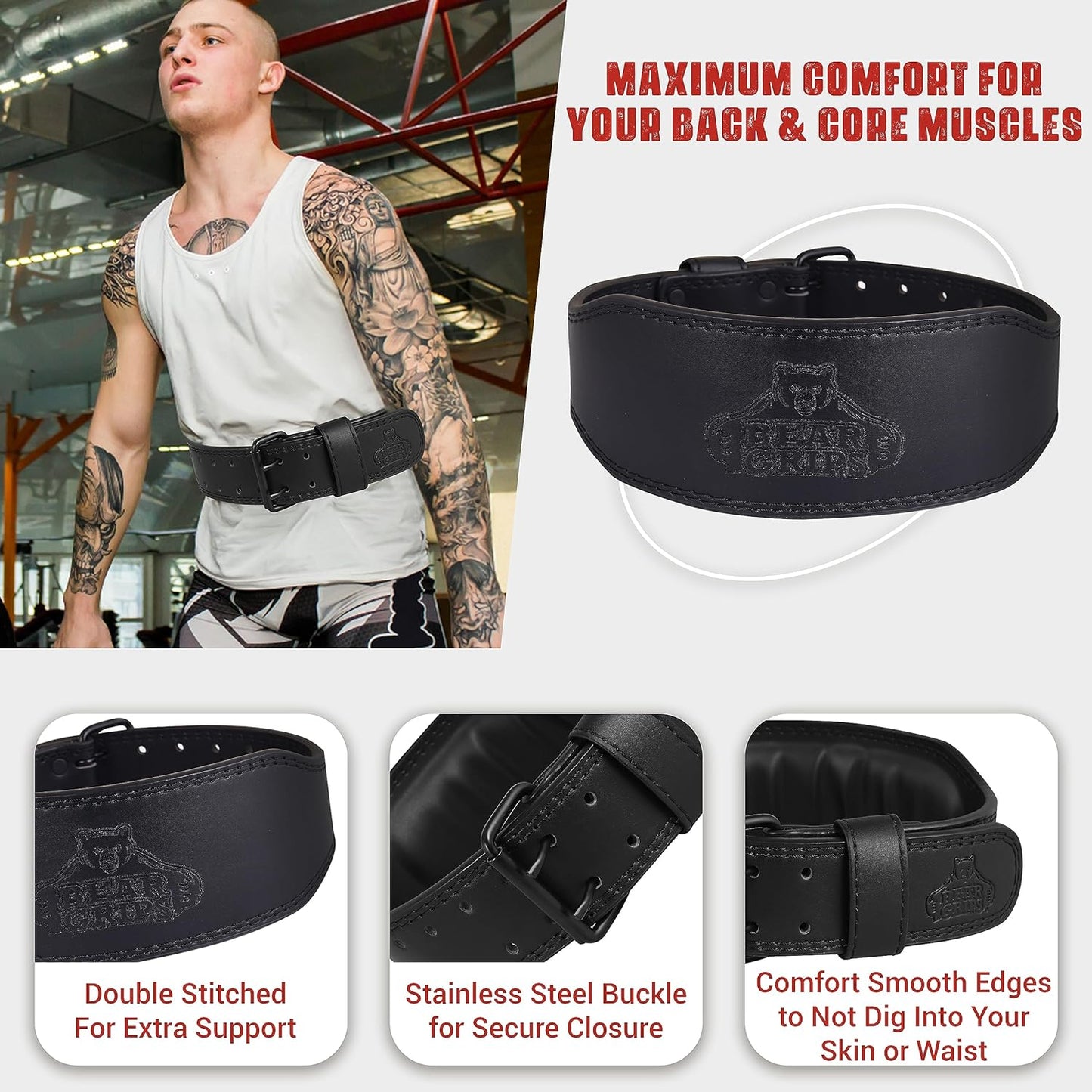 7mm Leather Belt - Padded Back Support - Contour Shape - Double Prong