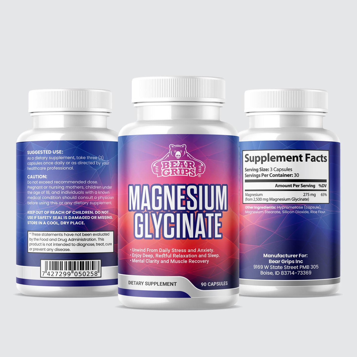 275 MG of Magnesium Glycinate| Stress & Anxiety | Mental Clarity | Calm, Deep, Restful Sleep | Muscle Health - 90 Capsules By Bear Grips