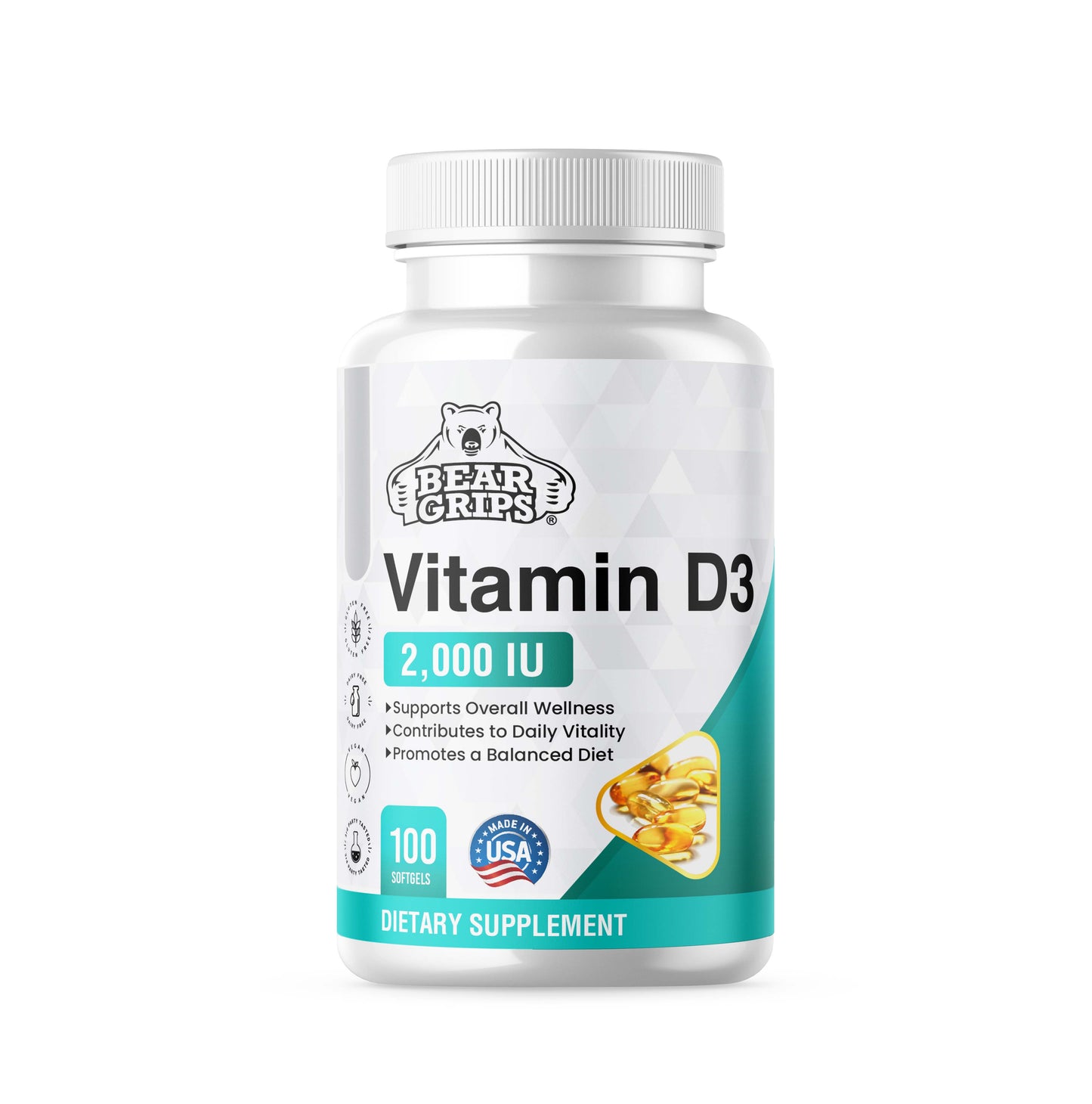 Bear Grips Vitamin D3 - 2000 IU - Softgel Capsules | Boost Energy, Strengthen Muscles, Enhance Bone Health, Elevate Mood, and Empower Your Lifestyle | 100 Softgels | 100 Day Supply