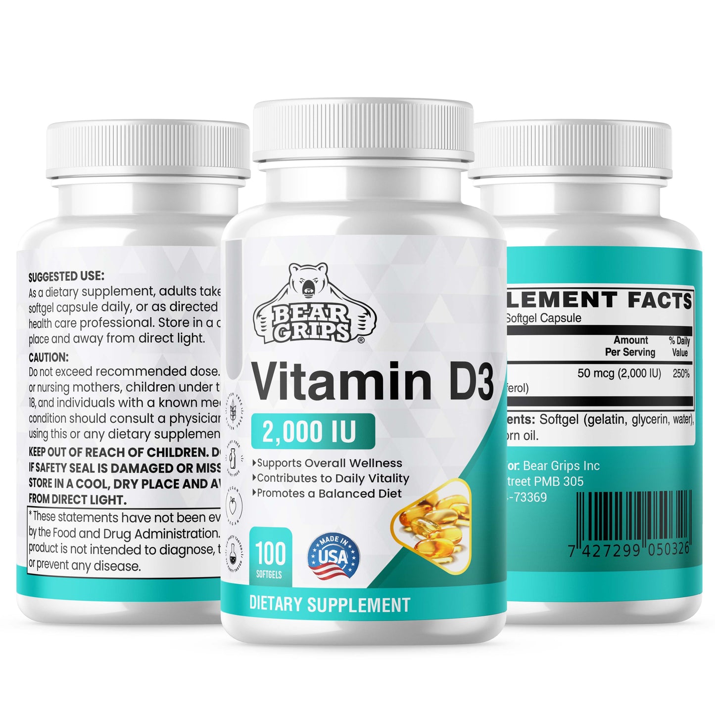 Bear Grips Vitamin D3 - 2000 IU - Softgel Capsules | Boost Energy, Strengthen Muscles, Enhance Bone Health, Elevate Mood, and Empower Your Lifestyle | 100 Softgels | 100 Day Supply