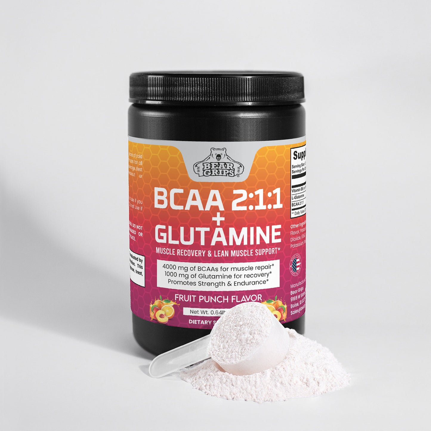 Bear Grips BCAA 2:1:1 + Glutamine - Fruit Punch - Fuel Your Workout, Maximize Recovery, and Build Lean Muscle
