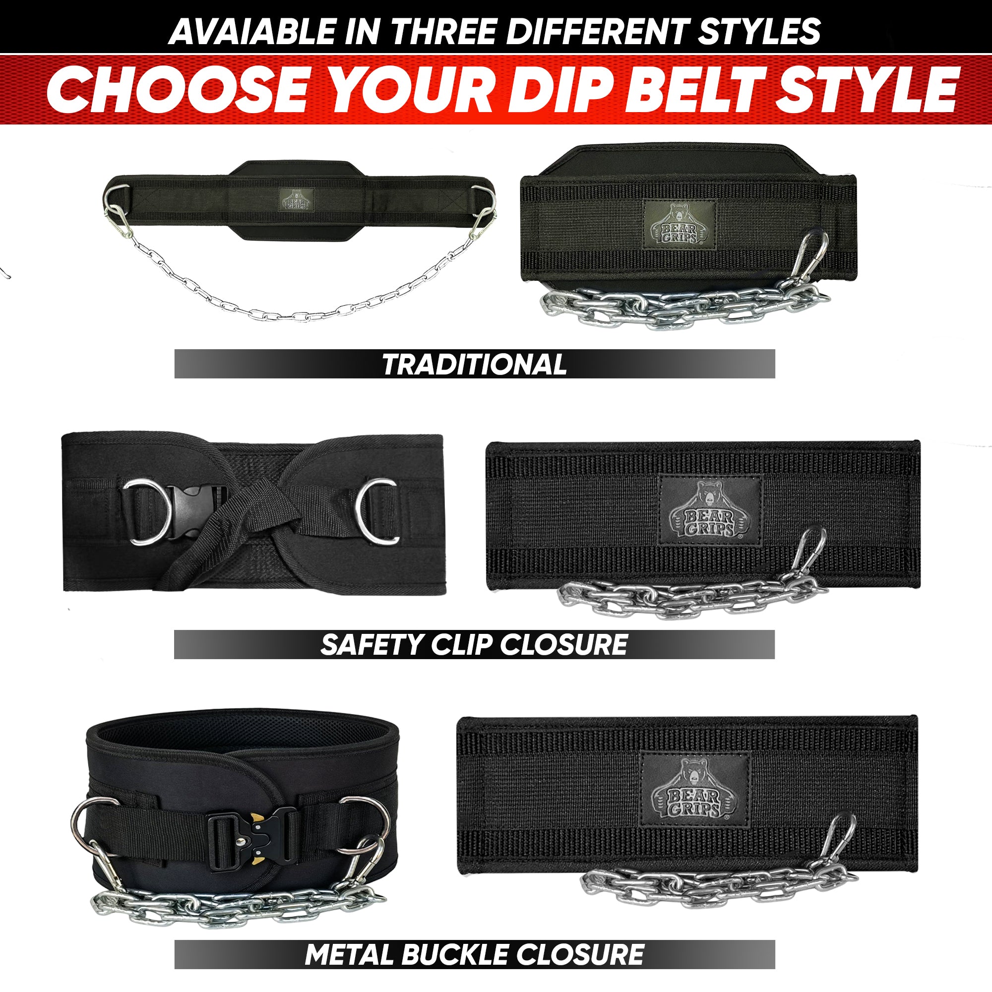 Dip Belt For Weightlifting - 3 Styles of Belts - Traditional - Clip Closure - Metal Buckle