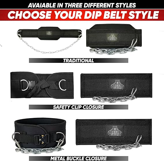 Dip Belt For Weightlifting - 3 Styles of Belts - Traditional - Clip Closure - Metal Buckle