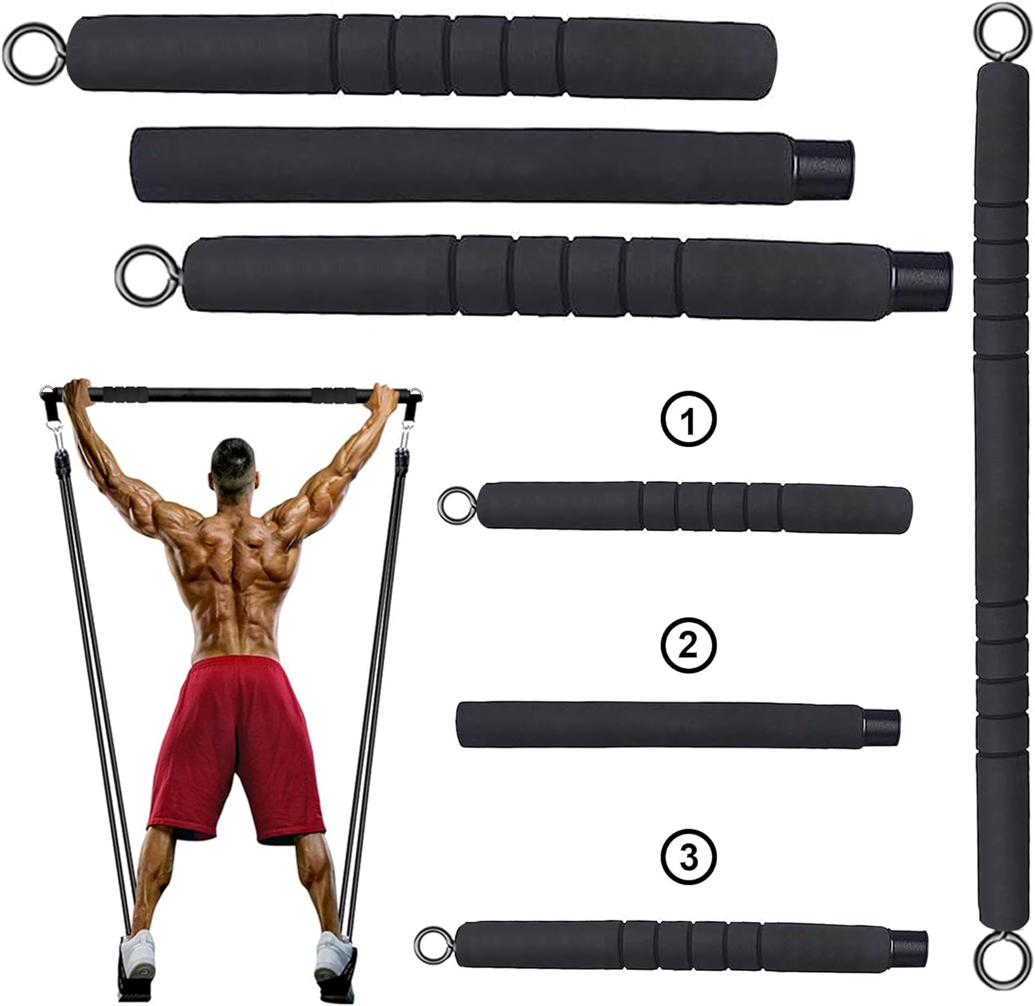Portable 3 Piece Bar for Resistance Bands - Pilates -  Home Gym - Carrying Case Included