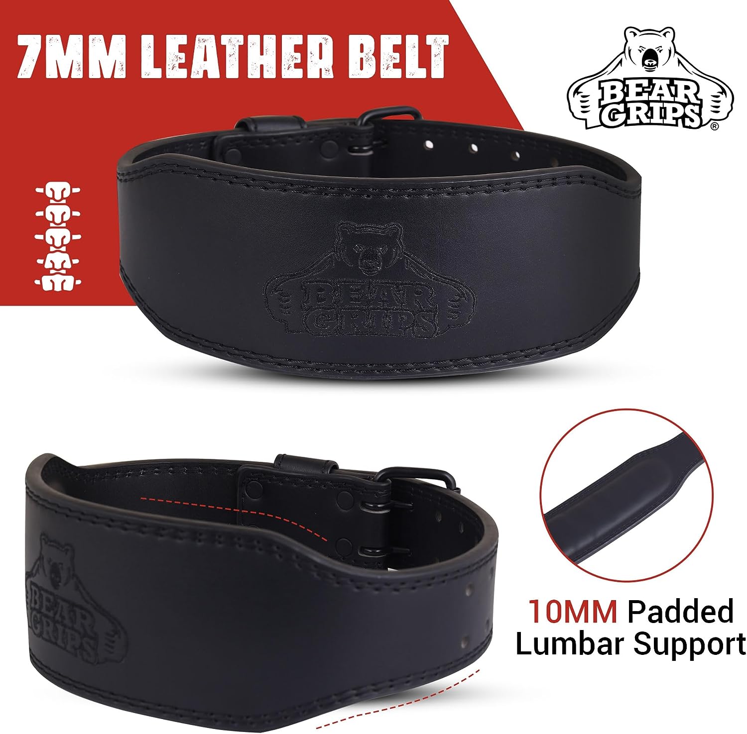 7mm Leather Belt - Padded Back Support - Contour Shape - Double Prong