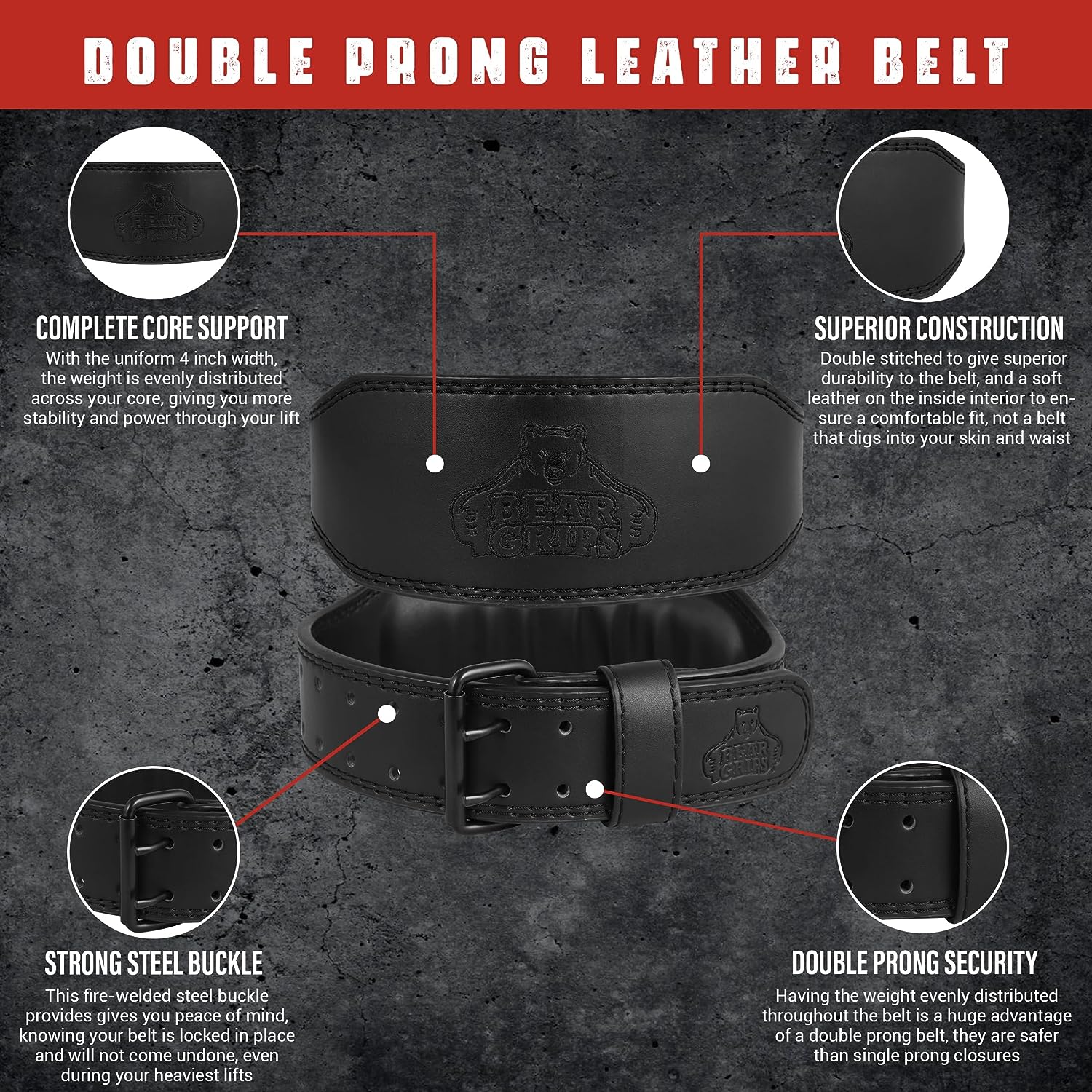 7mm Leather Belt - Padded Back Support - Contour Shape - Double Prong