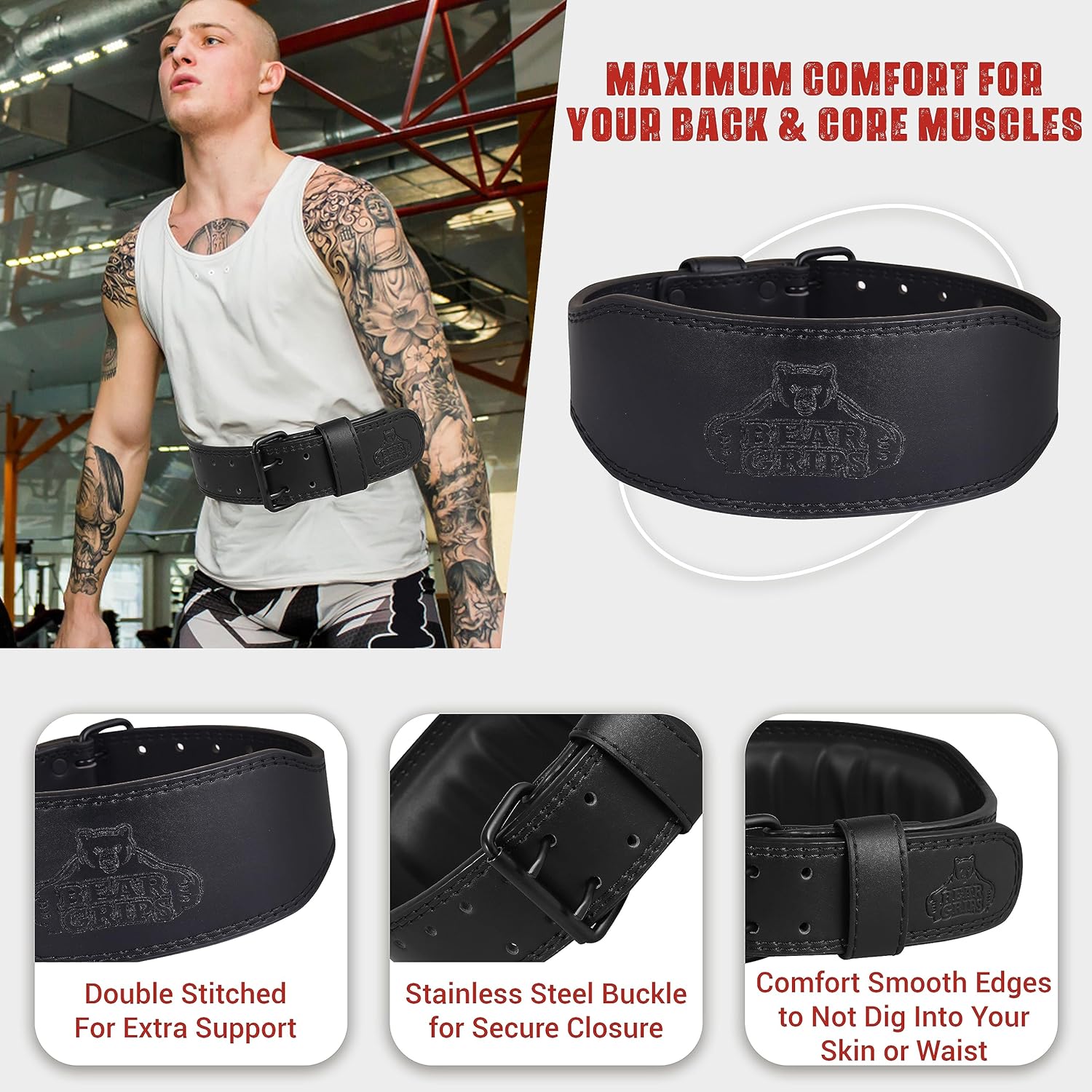 7mm Leather Belt - Padded Back Support - Contour Shape - Double Prong