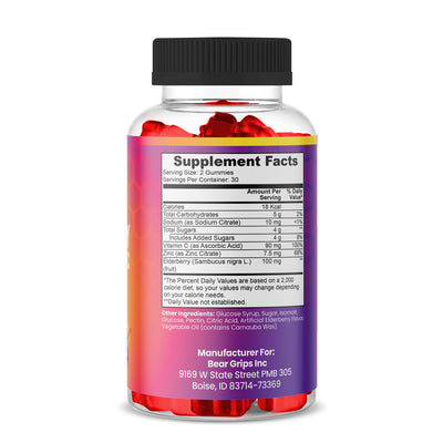 Potent 100MG Elderberry Gummies With 90MG Vitamin C & Zinc | Boost Your Immunity | Aid Your Body's Defense | Antioxidant-Rich Wellness By Bear Grips