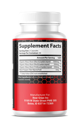 Bear Grips Organic Maca Root | Black Maca, Red Maca, Yellow Maca | With Added Black Pepper for Better Absorption | Energy & Vitality, Strength, Mood, and Support Hormonal Balance