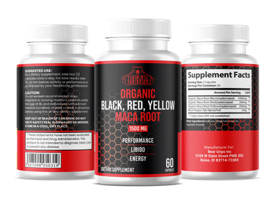 Bear Grips Organic Maca Root | Black Maca, Red Maca, Yellow Maca | With Added Black Pepper for Better Absorption | Energy & Vitality, Strength, Mood, and Support Hormonal Balance